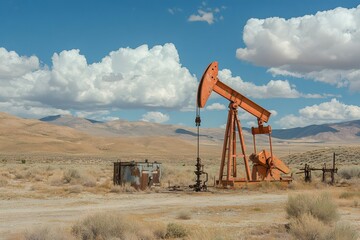 Fototapeta premium Pump jack extracting crude oil in desert landscape with cloudy sky