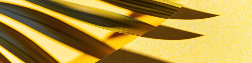 Long Green Leaves and Shadows on Yellow Background