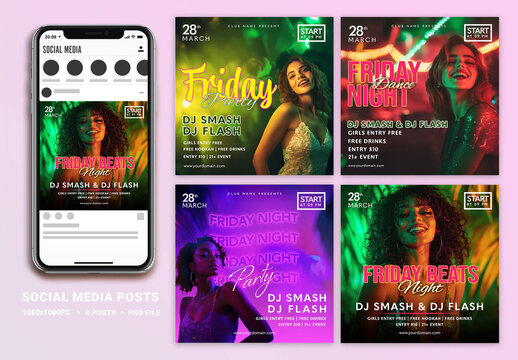 Friday Night, Editable Social Media Set for Club, Disco and Night Parties.