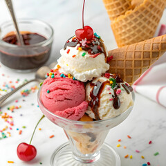 A colorful and decadent ice cream sundae with multiple scoops, topped with vibrant sprinkles, chocolate.