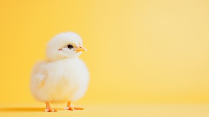 Adorable fluffy baby chick standing against a vibrant yellow background, perfect for Easter and spring-themed designs.