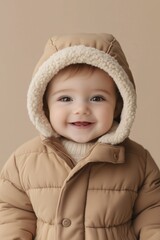 Happy infant dressed in warm beige outerwear, showing baby teeth.