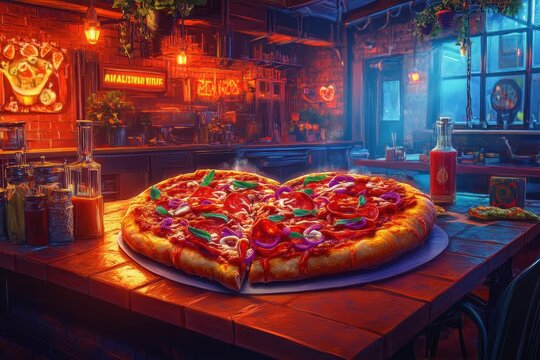 Heart Shaped Pizza on Wooden Table in Cozy Retro Restaurant - Powered by Adobe
