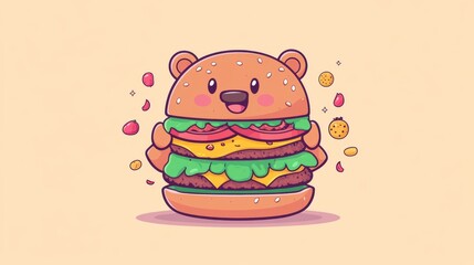 107.A cheerful vector icon of a bear holding a giant burger with a playful smile, surrounded by cartoon food elements. The burger is vibrant with layers of ingredients, and the background is a flat,