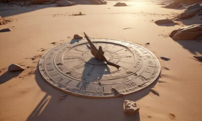 An ancient sundial lies broken and still on the desert floor, sand dunes, ruined relic, desolate environment