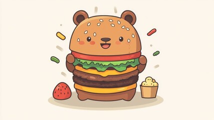 107.A cheerful vector icon of a bear holding a giant burger with a playful smile, surrounded by cartoon food elements. The burger is vibrant with layers of ingredients, and the background is a flat,
