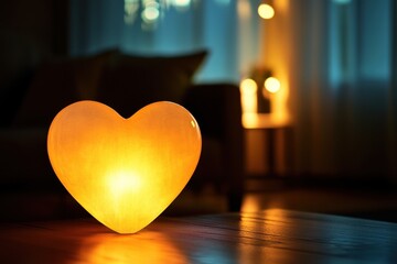 Illuminated Heart Shaped Salt Lamp on Wooden Table in Cozy Living Room