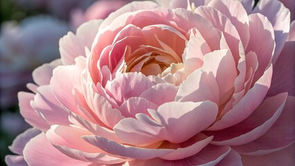 Delicate Beauty: A close-up of a soft pink peony in full bloom, with intricate details of its petals illuminated by soft sunlight.