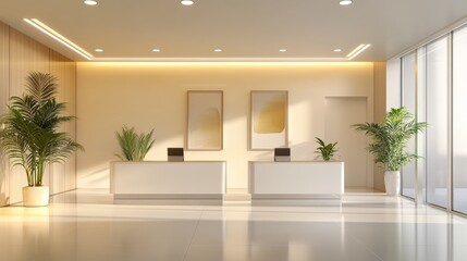 A sleek coworking space with soft lighting, modular desks, and a foreground with smooth tiles or a subtle textured carpet. Artwork and plants in the distance add warmth.