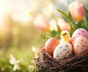 chicks in the nest, grass with tulips and daffodils. AI generative.