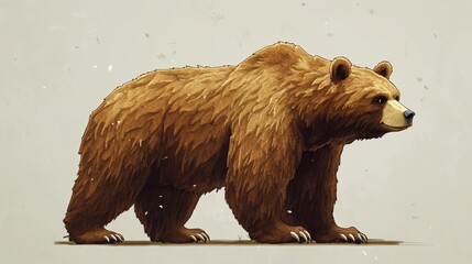 Obraz premium 33.A detailed cartoon version of a brown grizzly bear, side profile view, showcasing its muscular build and bushy fur. The bearâ€™s large paws and distinct face features are highlighted, making it