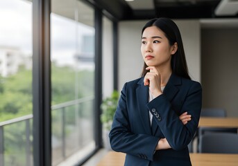 Obraz premium Thoughtful doubtful young professional business woman ceo corporate leader, female manager executive wearing suit standing in office looking away, thinking of business goals. Generative AI