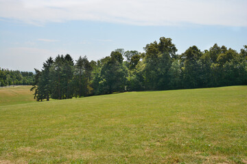 A serene view of Cmrok in Zagreb, Croatia, featuring a vast, gently sloping green field bordered by lush trees under a partly cloudy sky