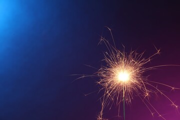Obraz premium Bright burning sparkler in color lights, closeup. Space for text