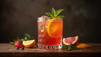 Fototapeta premium Refreshing summer cocktail with vibrant fruits and herbs set on wooden surface