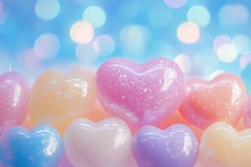 Fototapeta premium Pastel Glitter Hearts on Blue Bokeh Background