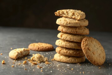 A stack of brown butter biscuits with a few crumbs falling off, stacked, snack