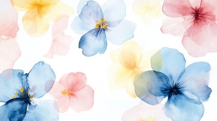 9.A minimalist floral watercolor design, featuring a few soft, hand-painted flowers in pastel shades of blue, pink, and yellow. The flowers seem to float gently against a plain white background, with
