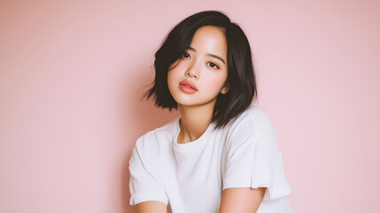 no makeup look with dewy skin against pink background