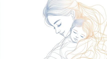 Gentle Embrace of Mother and Child in Soft Line Art Illustrating Love and Connection in a Minimalist Design