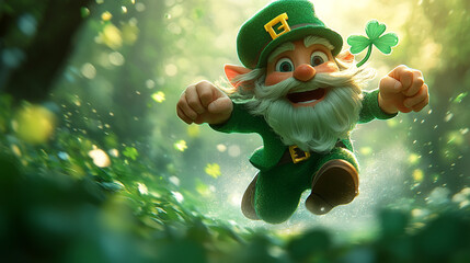 Joyful leprechaun celebrating St. Patrick's Day in a lush green forest while running and enjoying the festive spirit