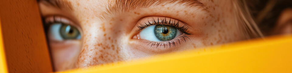 Naklejka premium Close-up of Freckled Face with Green Eyes Partially Obscured by Yellow Object