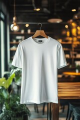 Minimalist white t shirt hanging in modern cafe