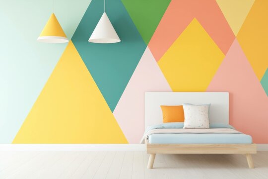 Modern bedroom interior with colorful geometric wall design featuring pastel colors, creating a vibrant, cheerful atmosphere for relaxation and inspiration