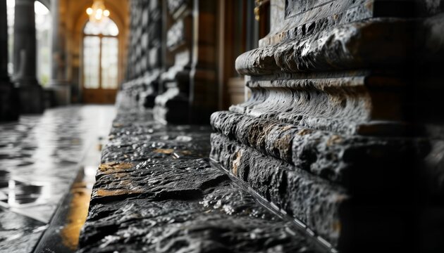 A black and white photo of a stone pillar in a gothic cathedral. The pillar is tall and weathered, with intricate carvings and a rough texture. 