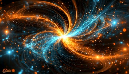 Obraz premium Teal and Blue Beams Converging in a Sparkling Burst of Orange and Cyan, Abstract Background