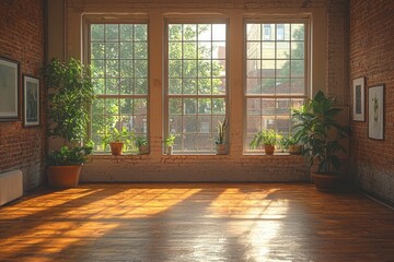 Fototapeta premium Sunlit Room with Plants and Large Windows
