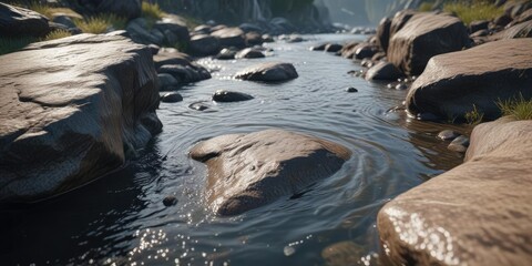 A stream of water flowing over a smooth rock surface, fast moving water, liquid flow, streaming water