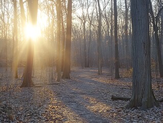 Obraz premium Spring Equinox Festival sunlight streaming through tree branches over a peaceful forest clearing