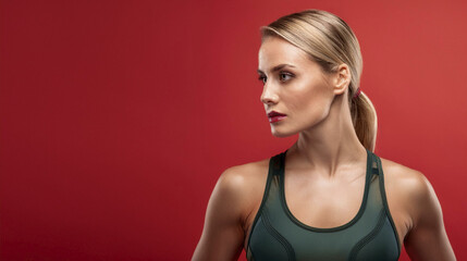 Serious woman in active sport wear in front of light red color background side of the image