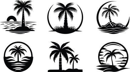 Obraz premium Stylized Black Silhouette Logos Featuring Palm Trees In Circular Frames