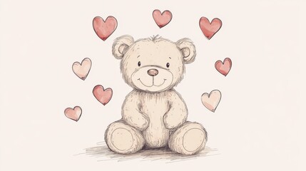 Obraz premium 80.A sweet, hand-drawn vector illustration of a teddy bear surrounded by floating red hearts, creating a loving, joyful scene. The bear is rendered with soft lines and pastel colors, perfect for a