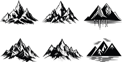 Vintage mountain Vector Illustrations, Set of 6, isolated on white background.