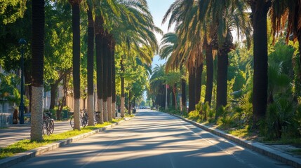 Obraz premium Sunny palm tree-lined avenue, city street, morning light, travel destination