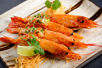 Freshly Peeled Argentinian Shrimp Elegantly Arranged on a Rustic Table Ready to Delight Seafood Lovers at a Casual Dining Experience