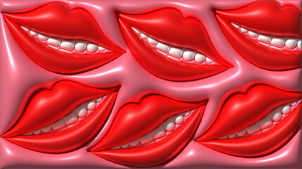 Red lips and white teeth with shiny smooth surface, smile. 3D rendering illustration