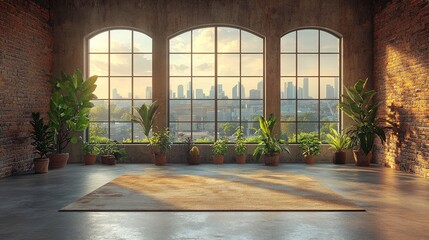 Fototapeta premium Sunlit Loft Apartment With City View And Plants