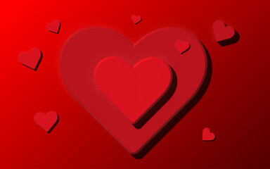 Red hearts with shadow on red background, 3D rendering illustration