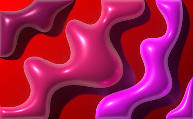 Pink and red wavy shapes with shadow on red background, 3D rendering illustration