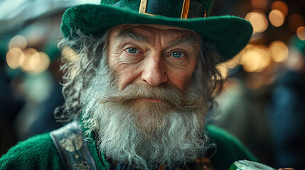 Celebrating St. Patrick's Day with a leprechaun in festive green holding a frothy beer