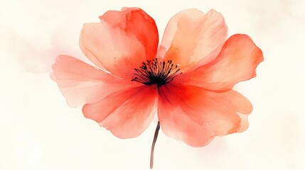11.A vibrant watercolor illustration of a single flower with soft petals in shades of red and orange, set against a simple, clean background. The gentle blending of the watercolor paint brings the