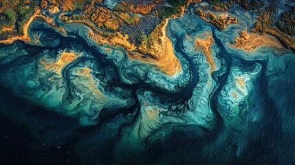 Naklejka premium Aerial view of vibrant ocean currents and sediment patterns along the coastline