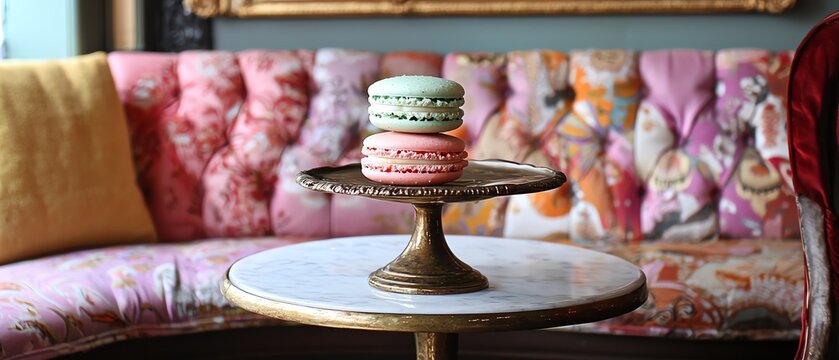 Perfectly crafted macaron in a delicate bronze stand, surrounded by vintage french cafe aesthetic from the 1910s, belle epoque style, gilded frames, plush seating