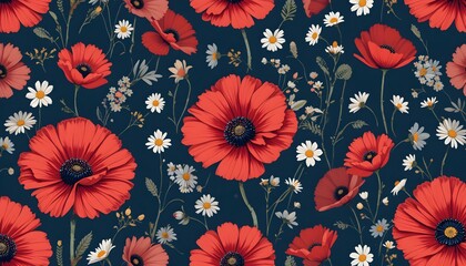 Floral with Red Flowers and Green Leaves on black background 