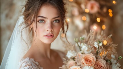 Naklejka premium Beautiful young Caucasian bride with a delicate lace wedding dress and pastel bouquet in soft golden light for bridal magazines, wedding blogs, and romantic photography