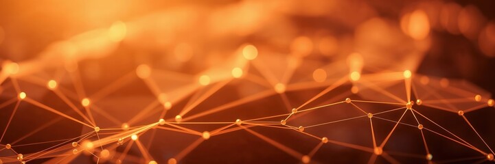 Abstract network, futuristic digital connections with glowing nodes and lines in orange technology background..